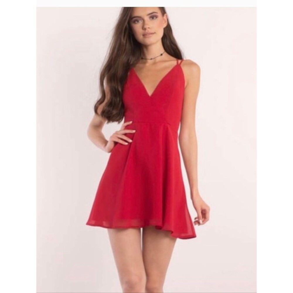 TOBI Red Cross Open Back V Neck Fit & Flare Mini Dress Adjustable Straps Size M